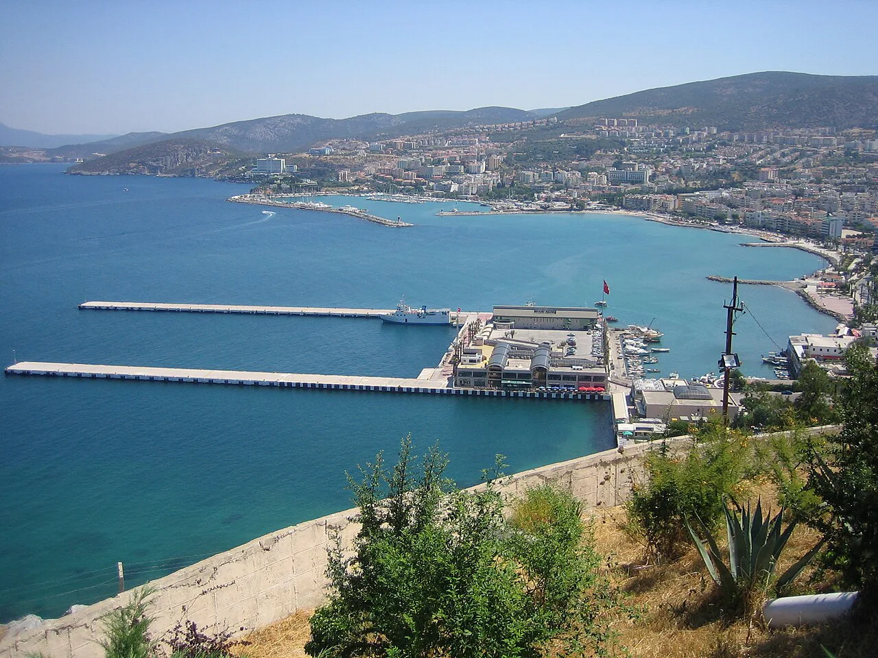Kuşadası harbour and bay seen from the hillside above the town.