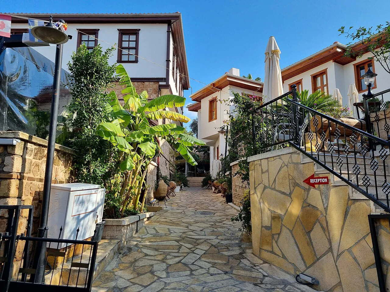 A narrow lane with Ottoman houses in Kaleiçi, Antalya's old town.