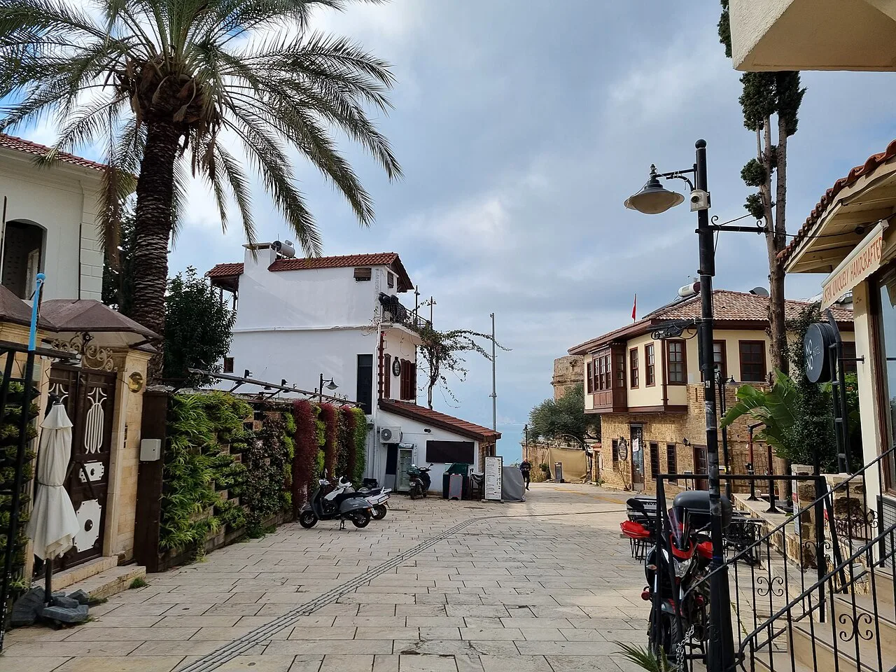 A cobbled street with old houses in Kaleiçi, Antalya's old town.