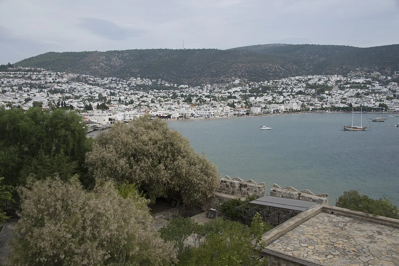Bodrum's white houses around the bay, seen from the castle.