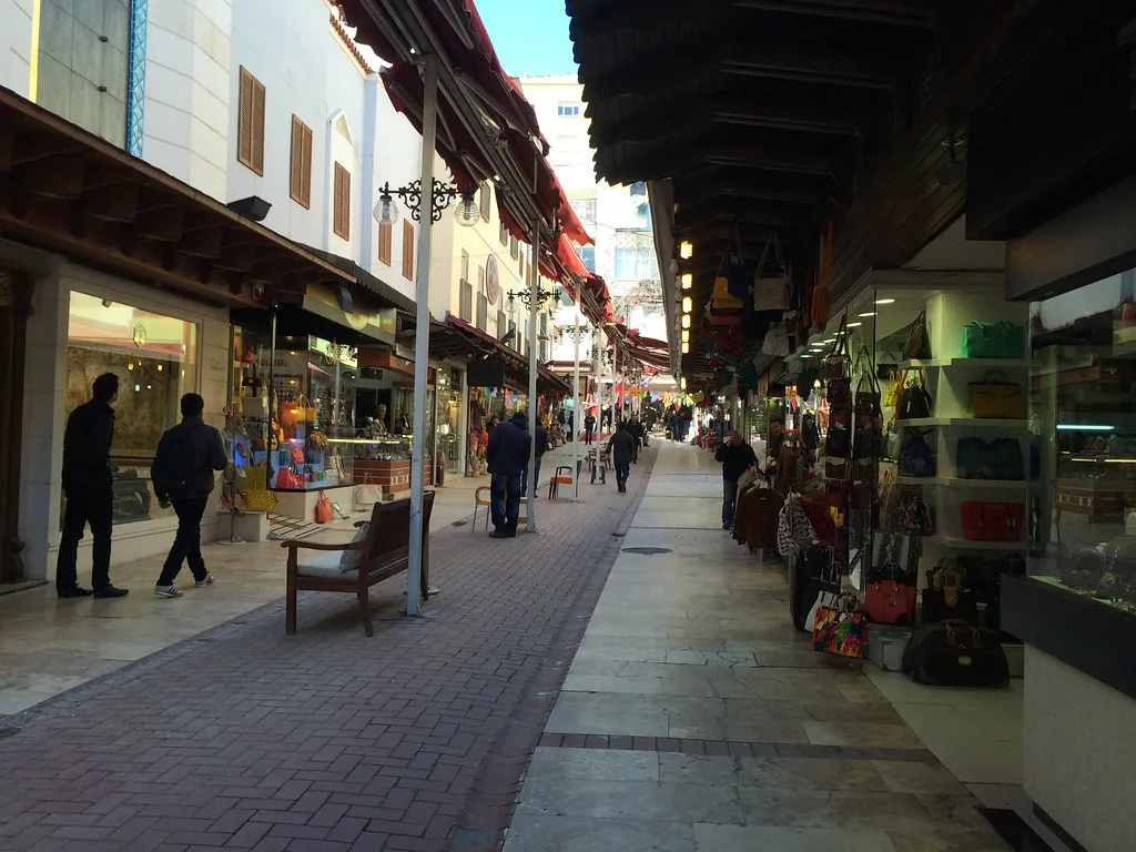 A shop-lined pedestrian street in Kuşadası.