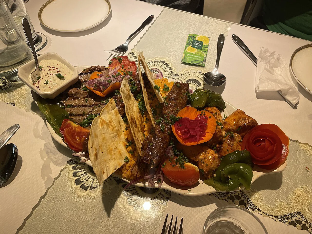 A plate of grilled meat and vegetables in Turkey.