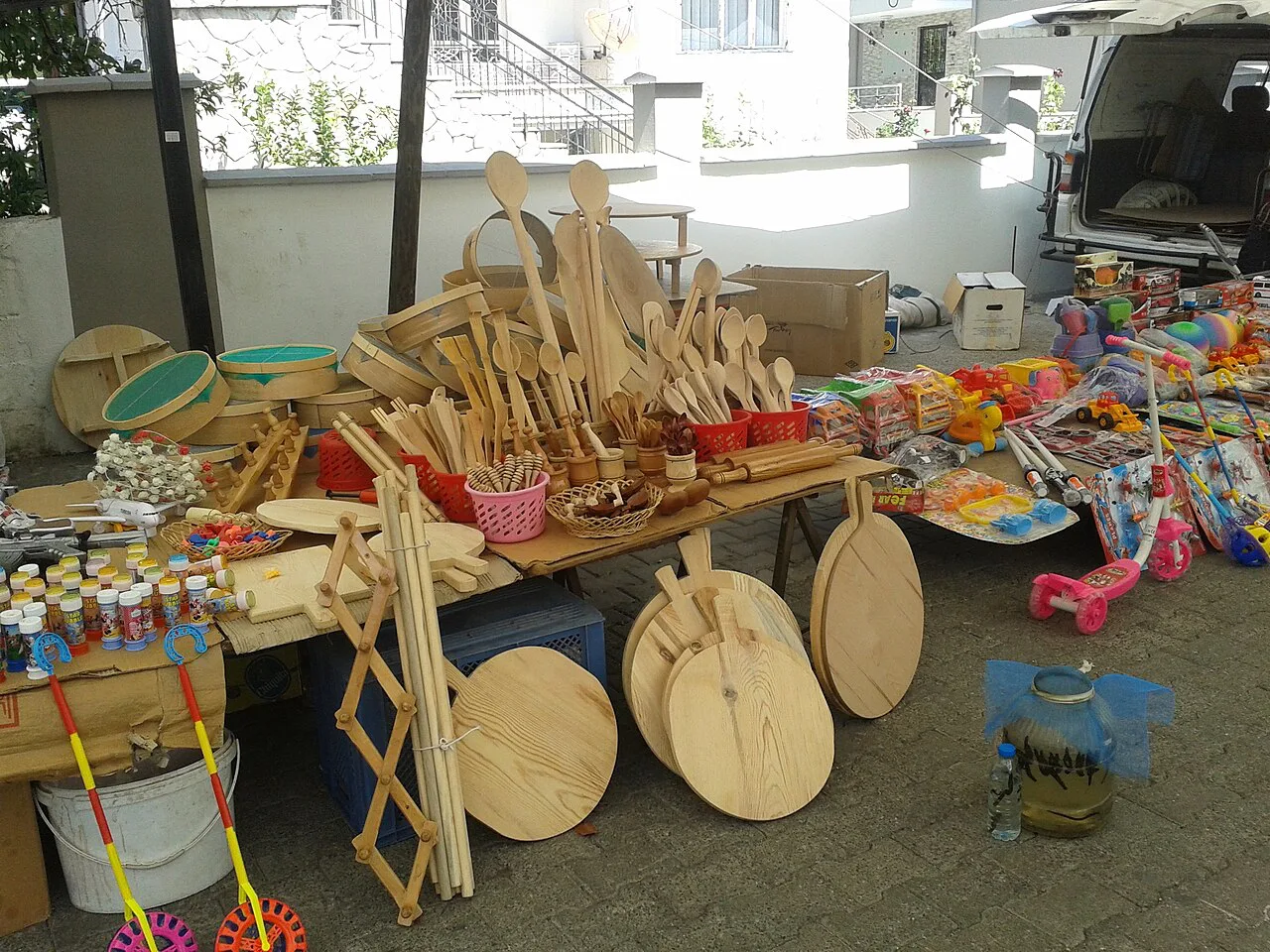 Wooden kitchenware for sale at the weekly pazar in Köyceğiz.