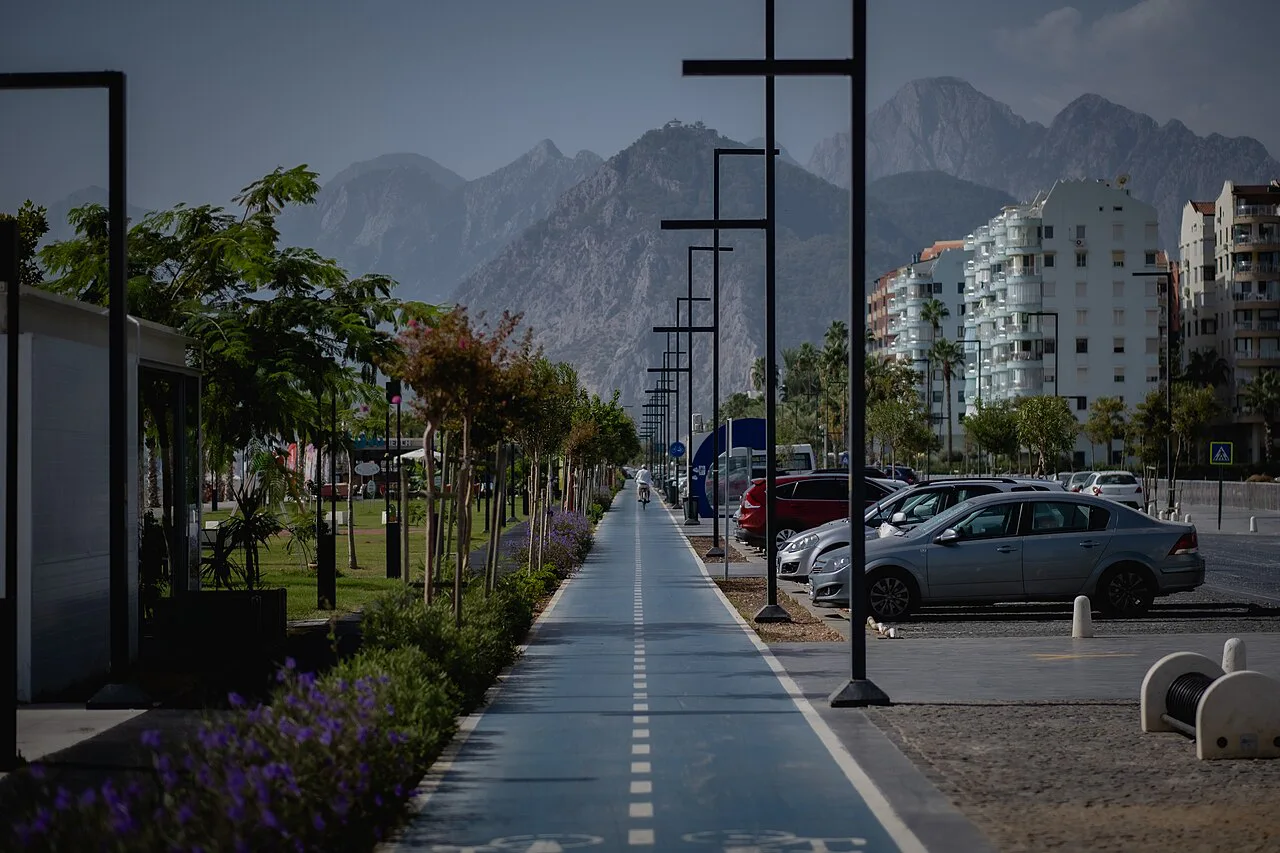 The coastal cycle path in Antalya below the mountains.
