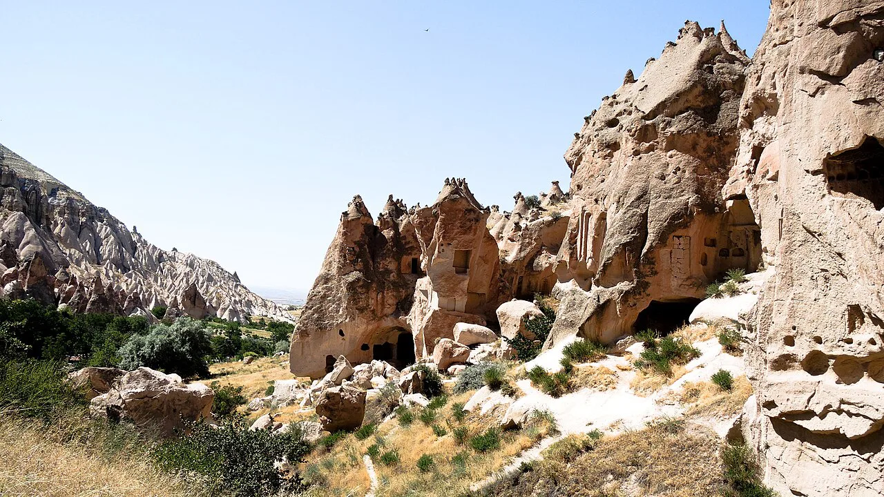 Rock formations at the Zelve Open-Air Museum, Cappadocia.