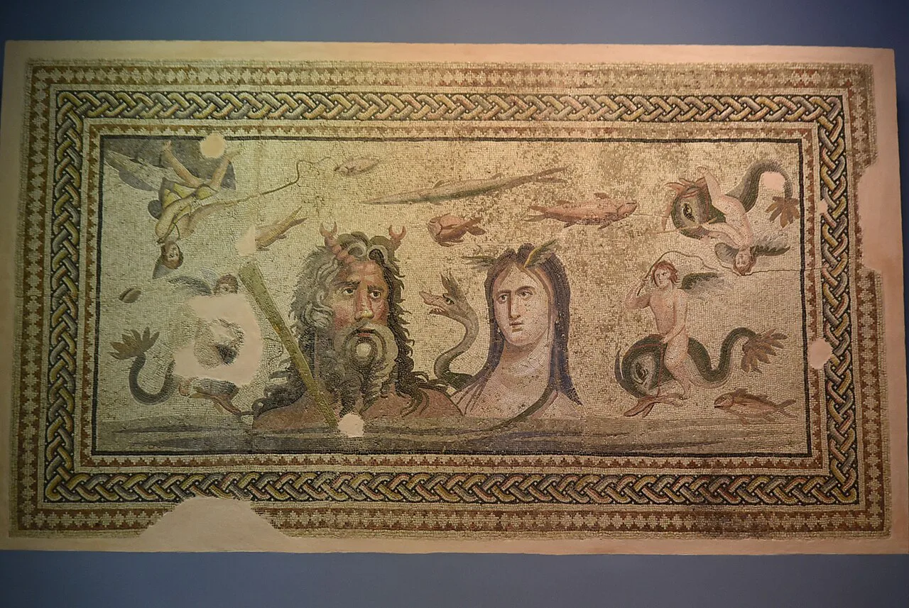 A Roman mosaic displayed on the floor of the Zeugma Mosaic Museum in Gaziantep.